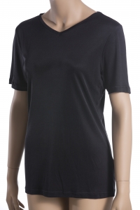 Damen T-Shirt, V-Ausschnitt, 100% Seide, Schwarz, M, 40/42