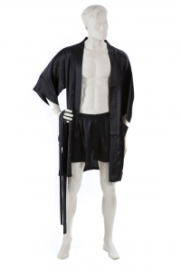 Kimono-Pyjama, kurz, Herren, 100% Seide, Schwarz, XL