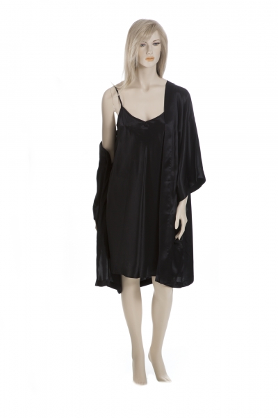 Negligé mit Kimono, 100% Seide, Schwarz, S, 36/38